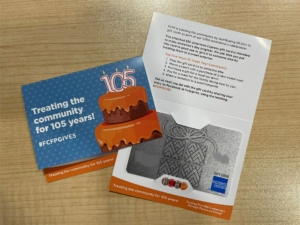 105th birthday celebration card alongside an American Express gift card