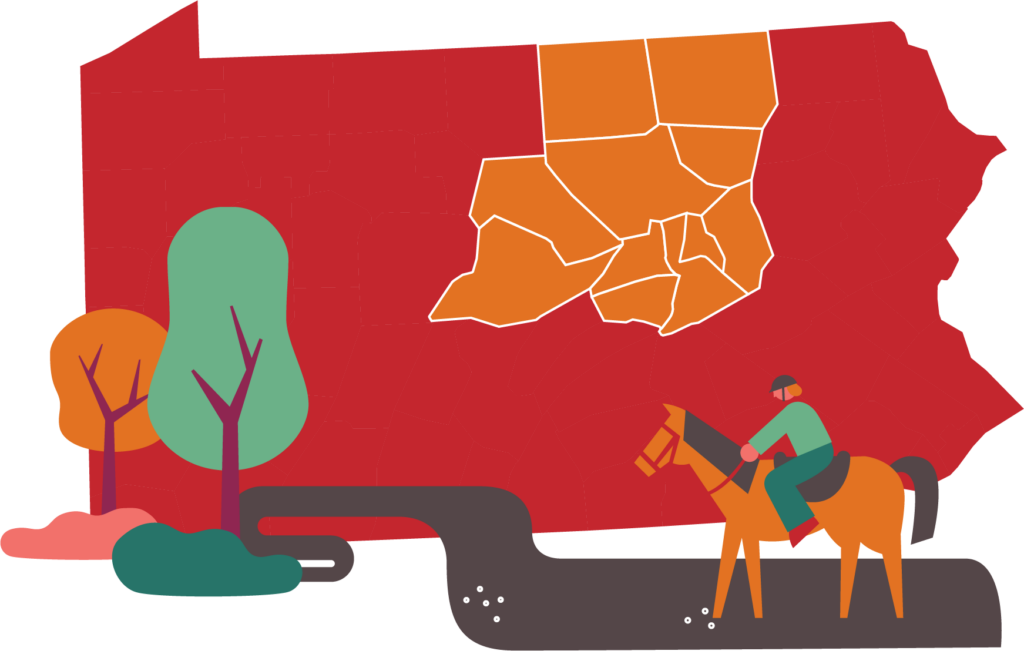 illustration of north central, PA with trees and a horse rider