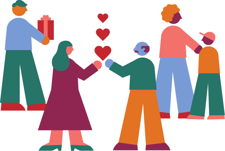 illustration of diverse group of people helping and giving gifts to each other.